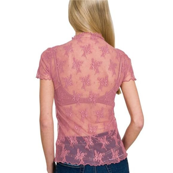 Zenana Lace See-through Layering Short Sleeve Top - Picture 3 of 3